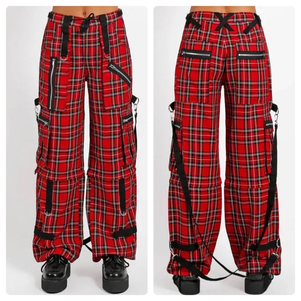 Tripp NYC Daang Goodman Red & Black Plaid Zip-Off Zippered Bondage Strap Pants